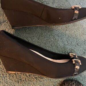 Cleo Black Wedge Shoes with Peep-Toe Design